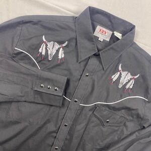 Ely Diamond Mens Black Western Pearl Snap‎ Shirt Steer Skull Embroidery Large